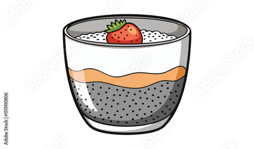 Cartoon Dessert Strawberry Topping on Chia Seed Pudding in a Glass Cup