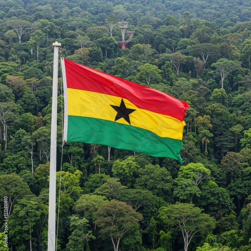 Waving Ghanaian Flag Symbolizing Black Star of Africa Over the Lush Tropical Rainforest Canopy