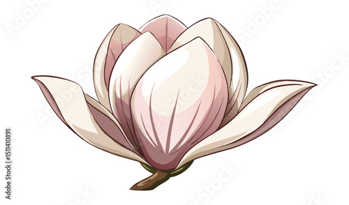 Cartoon Magnolia Flower Illustration Elegant Pink and White Bloom Isolated on White Background