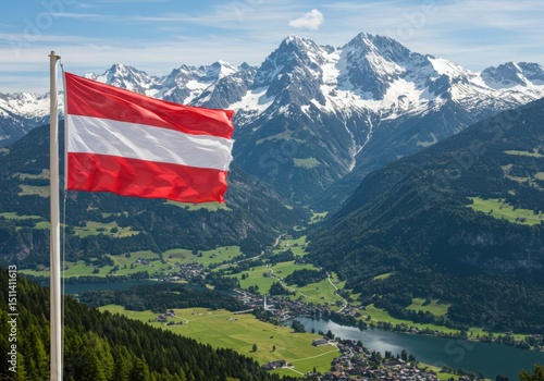 Waving Austrian Flag Symbolizing Alpine Heritage Amidst the Majestic Peaks and Valleys of the Alps