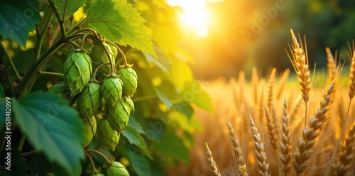 Golden sunlight streams through the leaves onto a bountiful harvest of ripe hops and barley, ready for brewing The scene evokes the rich aroma and promise of autumn ales , octoberfest, rural, barley