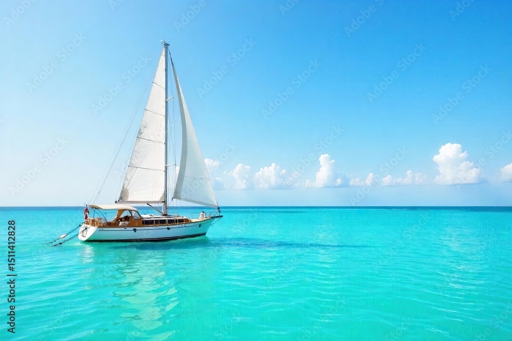 Fototapeta premium Serene sailboat at anchor in calm turquoise water, gently swaying in the breeze Perfect for travel, nautical, and vacation themes The tranquil scene evokes peace and relaxation , boat, sun