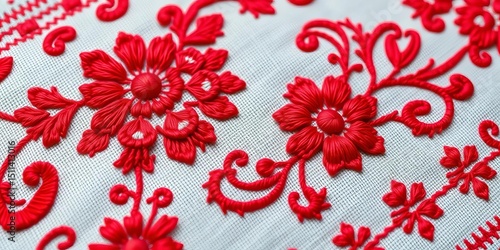 Intricate red Buzsak embroidery stitches on vintage Hungarian textile,  floral,  folk