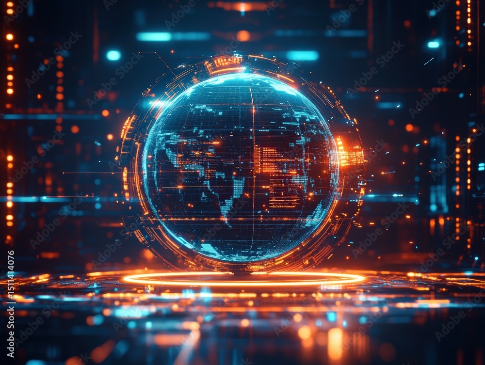 Obraz premium Dynamic rotating globe with data rings cyberpunk city digital art futuristic environment high-tech viewpoint