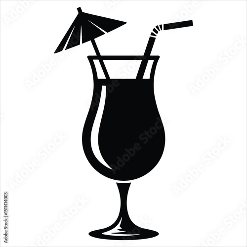 Black silhouette vector of a single pina colada glass with straw and umbrella