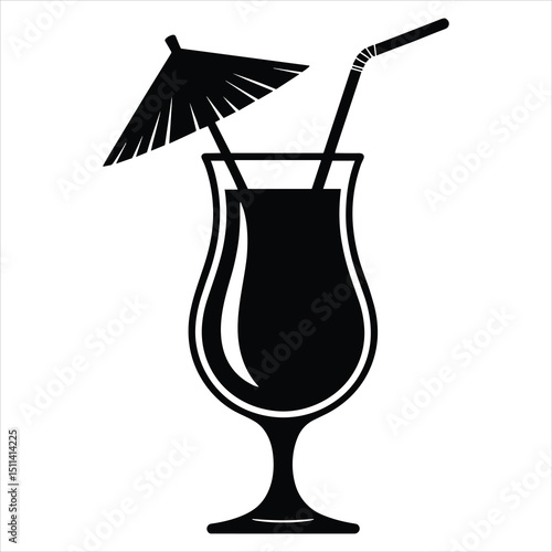 Black silhouette vector of a single pina colada glass with straw and umbrella