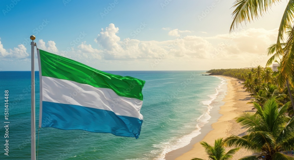custom made wallpaper toronto digitalWaving Sierra Leonean Flag Symbolizing Coastal Resources Over White Sand Beaches and Palm Trees