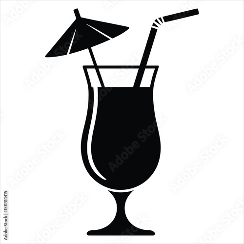 Black silhouette vector of a single pina colada glass with straw and umbrella