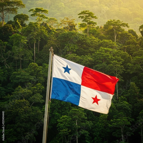 Wallpaper Mural Waving Panamanian Flag Symbolizing Crossroads of Worlds Over the Dense Tropical Rainforest Landscape Torontodigital.ca