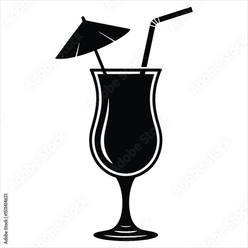 Black silhouette vector of a single pina colada glass with straw and umbrella