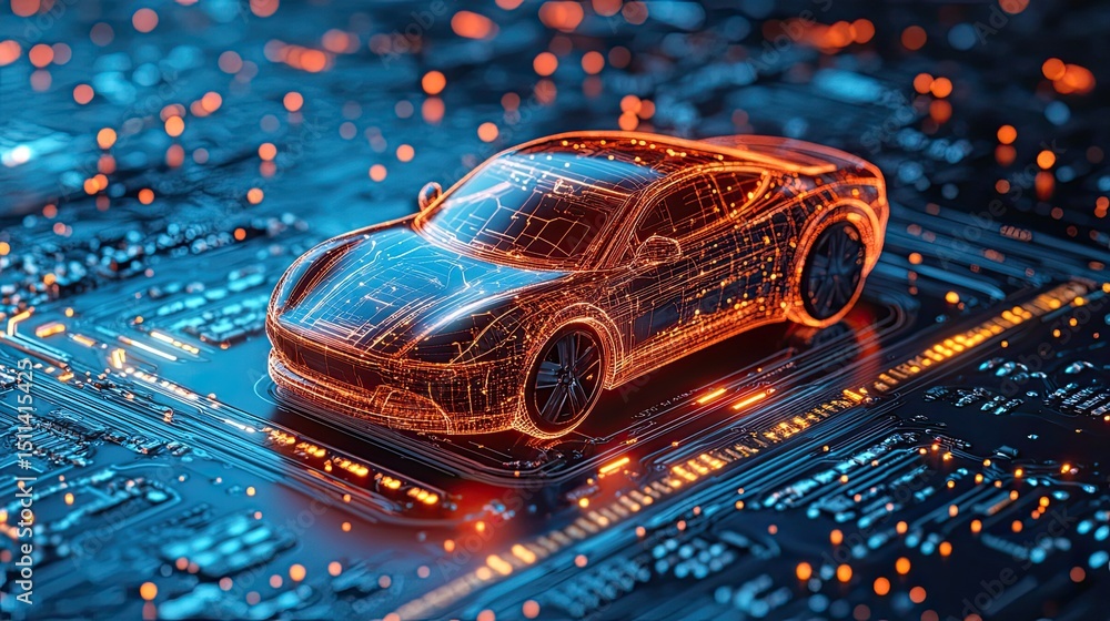 3D rendering of a car on a circuit board, symbolizing the intersection of technology and transportation. 3D rendering of a car on a circuit board, symbolizing the intersection of technology and transportation.