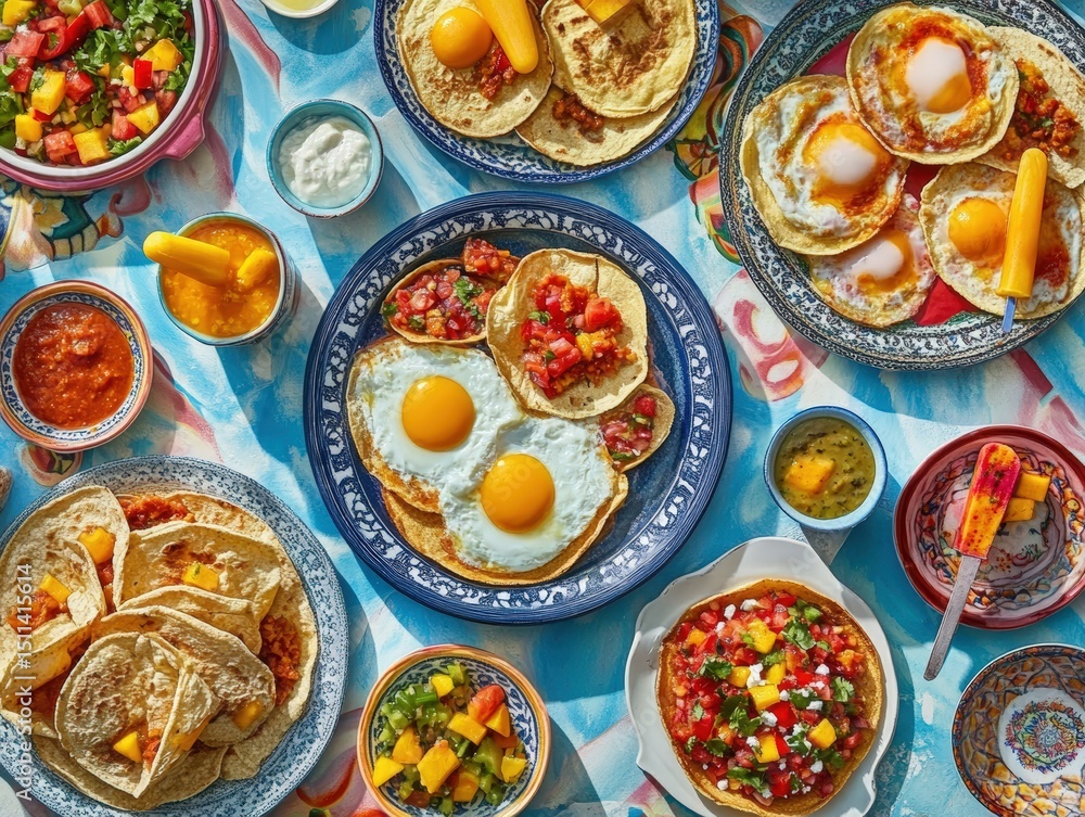custom made wallpaper toronto digitalBrunch buffet featuring huevos rancheros mexican cuisine top view vibrant setting colorful spread