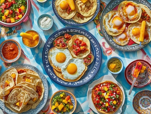 Brunch buffet featuring huevos rancheros mexican cuisine top view vibrant setting colorful spread