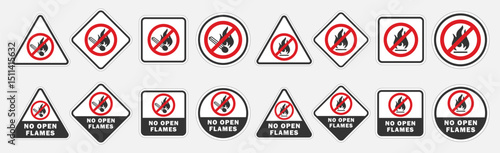 No open fire, no smoking icon symbol. No open flame sparkle logo sign. Not allowed, do not make fire. Prohibition, Prohibited, forbidden. Vector illustration. Isolated on white background.