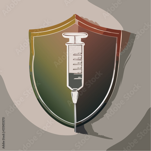 Vector of a vaccine syringe and vial with surrounding health icons, representing vaccination, immunity, and medical protection.