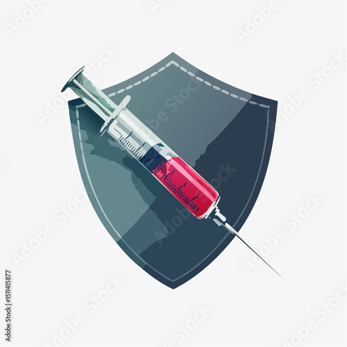 Vector of a vaccine syringe and vial with surrounding health icons, representing vaccination, immunity, and medical protection.