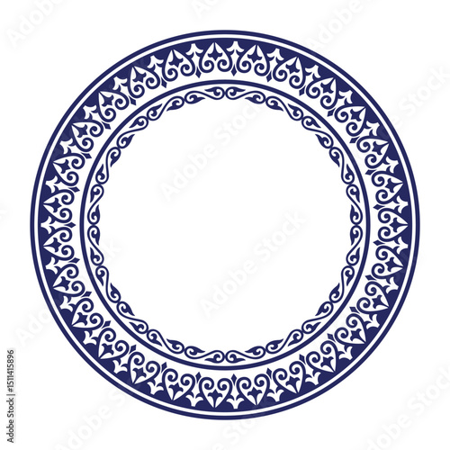Blue monochrome round Kazakh national ornament plate. Ethnic pattern of the peoples of the Great Steppe, Mongol, Kyrgyz, Kalmyks, Buryats. Circle, frame border. For sandblaster, ceramic, laser. Vector