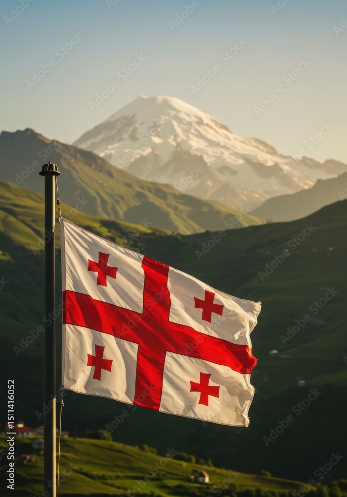 custom made wallpaper toronto digitalWaving Georgian Flag Symbolizing Ancient Culture Against the Dramatic High Peaks of the Caucasus Mountains