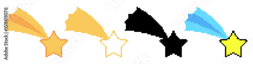 Pixel shooting star vector showing comet or falling star in retro digital style. Ideal for pixel night scenes, dream visuals, games, or cosmic wishful thinking icons.