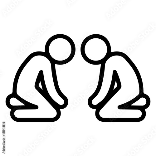 An (outline style) illustration of two stylized human figures kneeling with bowed heads, symbolizing despair, humility, sadness, and deep contemplation. Evoke a profound sense of introspection