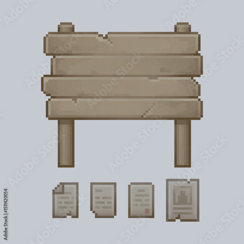 big wooden board with paper poster sign in pixel art style
