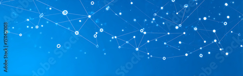 Blue background with white dots connected by lines, representing network connections and data transfer in the digital age.
