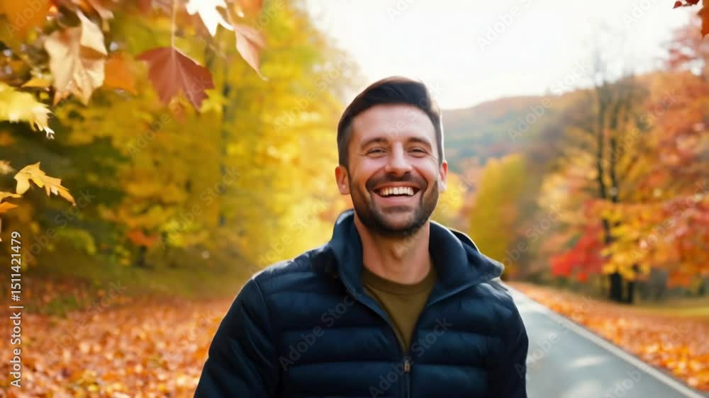 Cheerful athletic man in black jacket runs through scenic autumn forest path with vibrant yellow and orange leaves, showing joy and fitness motivation outdoors Cheerful athletic man in black jacket runs through scenic autumn forest path with vibrant yellow and orange leaves, showing joy and fitness motivation outdoors