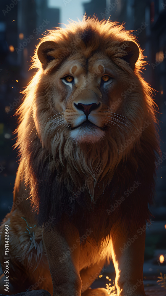 Fototapeta premium A proud lion stands tall against the hazy silhouettes of skyscrapers. This powerful image embodies the Leo zodiac sign — strength, dignity, and solar energy.