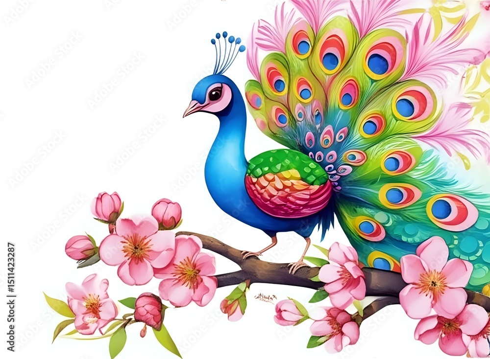 Obraz premium Majestic Peacock with Vibrant Plumage and Pink Blossoms