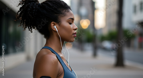 Woman listening to music outdoors.