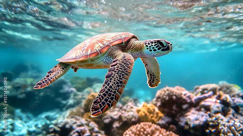 Fototapeta premium Sea turtle swimming among coral reefs.
