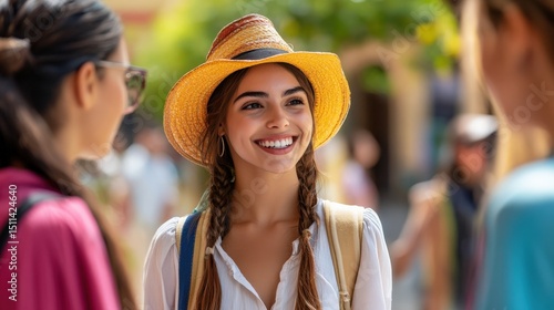 Smiling Latino Woman Wearing Straw Hat and Braids Talking to Friends