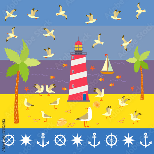 Seascape in cartoon style. Lighthouse, seagulls, sea, fish, yacht, palm, horizontal border lighthouse, anchor, steering wheel. Beautiful nautical pattern for a bag, postcard, napkin, pillow.