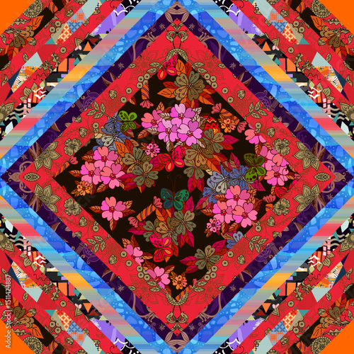 Bright summer patchwork pattern in red, gold, pink, blue and brown tones. Butterflies, flowers, candies, colorful stripes. Beautiful print for a napkin, carpet, pillow, bedspread, shawl in folk style.