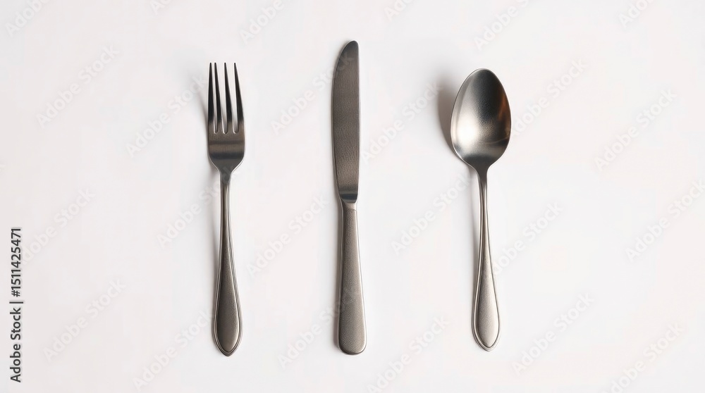 Sleek Silverware Trio: Minimalist Flatlay of Fork, Knife, Spoon Sleek Silverware Trio: Minimalist Flatlay of Fork, Knife, Spoon