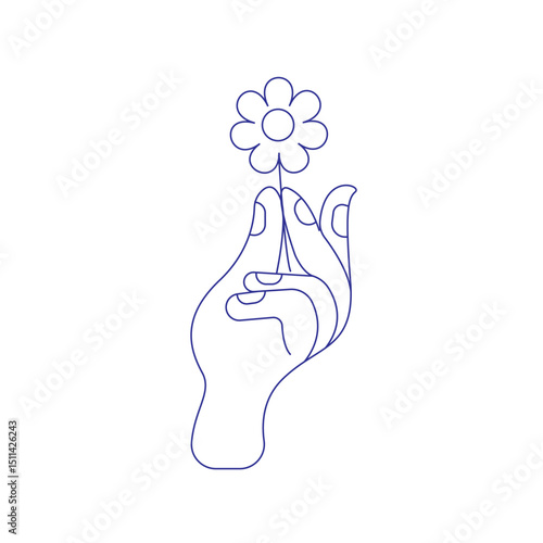 Vector simple linear illustration, hand poster, logo, print design template, hand drawn hand holding flower, 