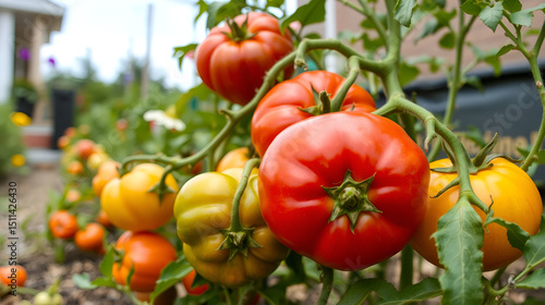 Freshly harvested heirloom tomatoes showcasing vibrant colors in a home garden setting during the summer season.