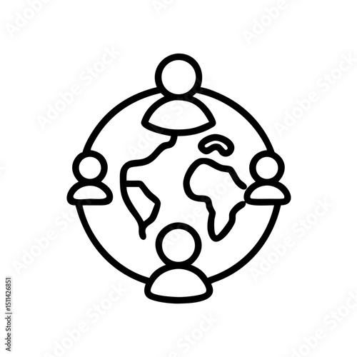 Simple black icon of globe with three people around it, symbolizing global community