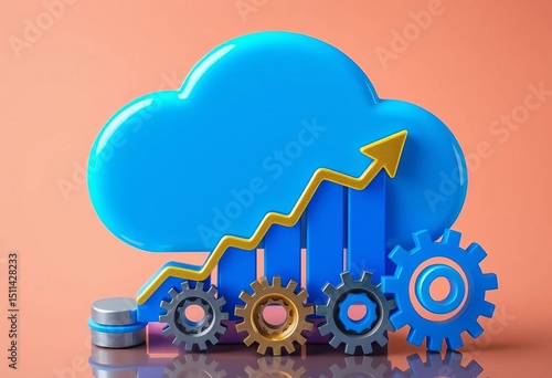 Blue cloud icon above rising chart and gears symbolizes tech growth, data analytics, and cloud optimization,  success,  analytics
