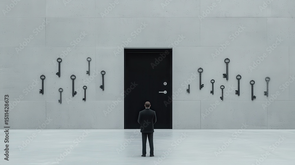 Fototapeta premium Man Standing Before Black Door Surrounded by Keys on Wall