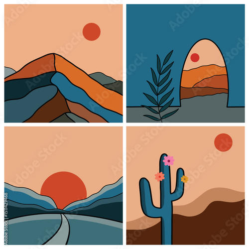 Set of nature mountain landscape with orange sun minimalist design illustration