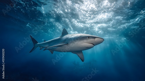 Wallpaper Mural Majestic Shark Swimming Gracefully Through the Clear Ocean Depths Under Shimmering Light Rays Torontodigital.ca
