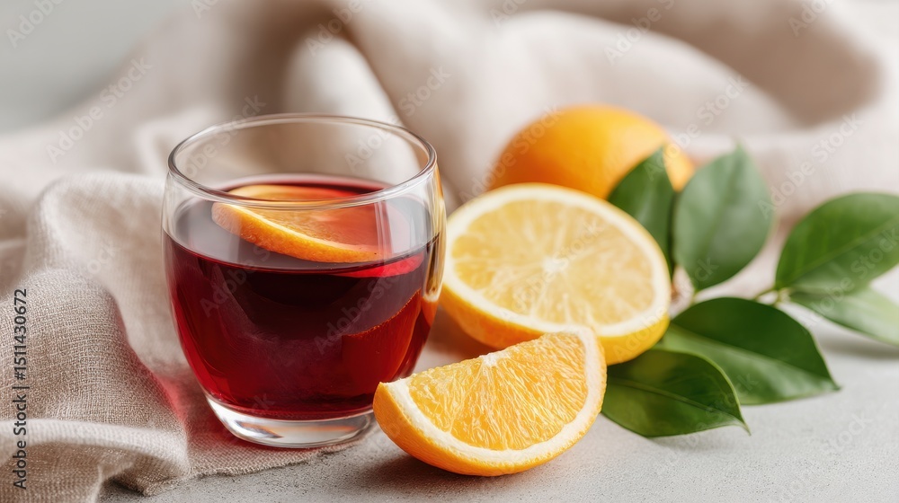 Refreshing beverage with citrus slices on a soft background. Refreshing beverage with citrus slices on a soft background.
