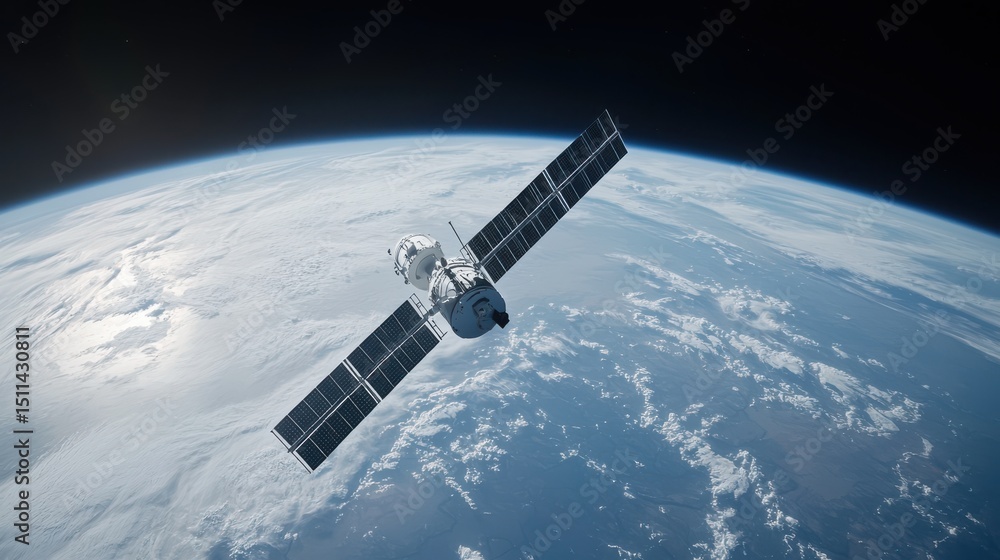 Obraz premium Satellite Orbiting Earth with Solar Panels and Space Background
