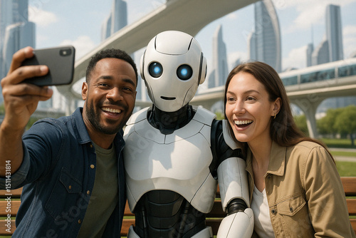 Bridging the gap between humanity and artificial intelligence: A woman shares a joyful moment with a robot, posing for a selfie against a backdrop of a futuristic urban landscape.

