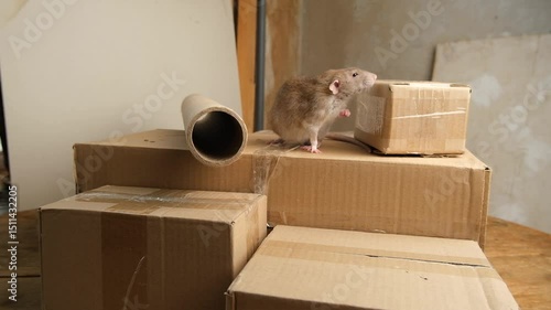 Gray rat on brown corrugated cardboard packaging boxes in a product warehouse.