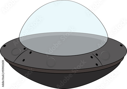 A grey cartoon UFO, featuring a transparent light blue dome cockpit and circular details, is illustrated simply against a white background.