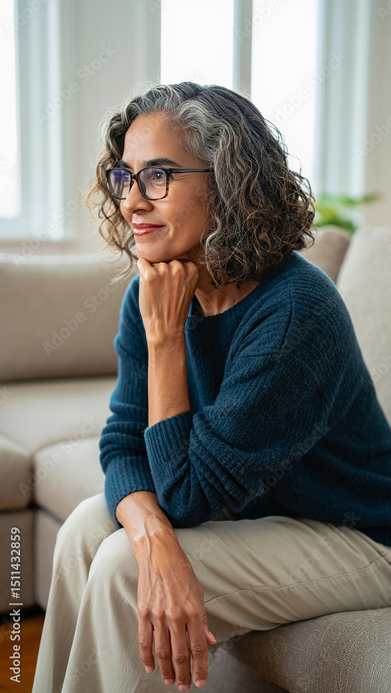 Obraz premium Thoughtful mature woman sitting on couch at home