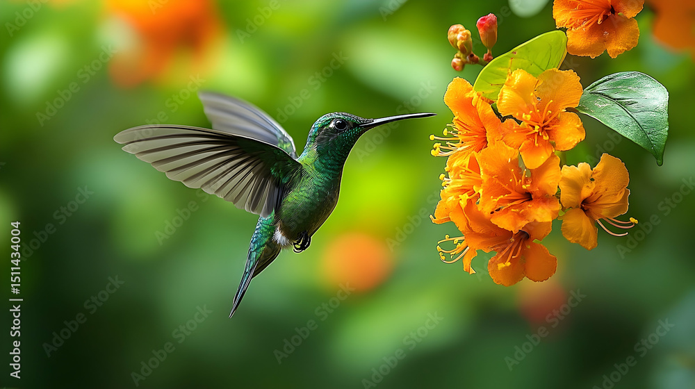 Fototapeta premium A hummingbird hovers near vibrant orange flowers.