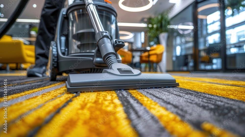 Fototapeta premium An office cleaner using a vacuum to keep the carpet clean and presentable for staff use.